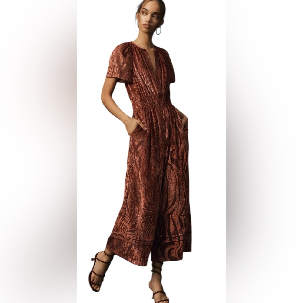 Anthropologie Somerset Jumpsuit Metallic Burnout Velvet Wide Leg Size L